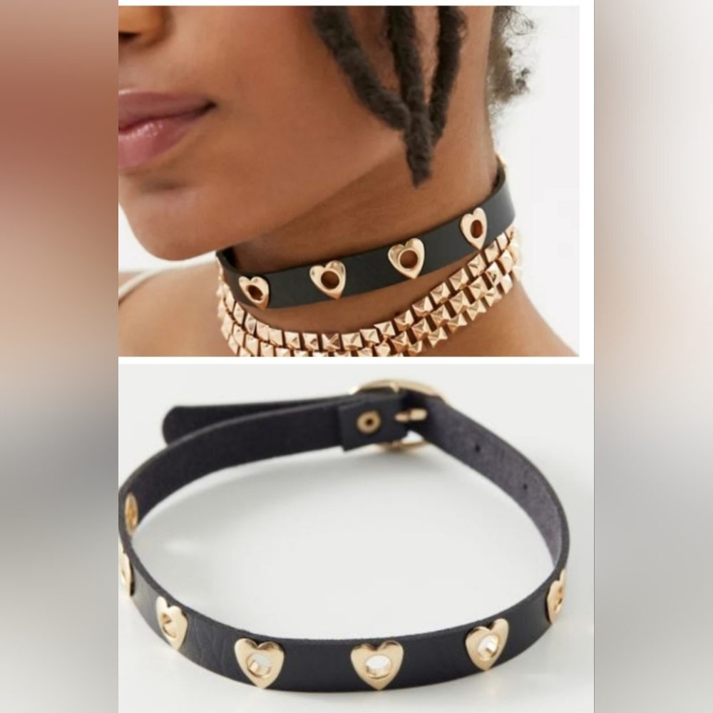 Nwt Urban Outfitters Faux Leather Choker w/ Gold Tone Heart Grommets Buckle Belt